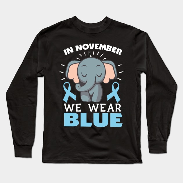 In November We Wear Blue Elephant Diabetes Awareness Long Sleeve T-Shirt by larfly